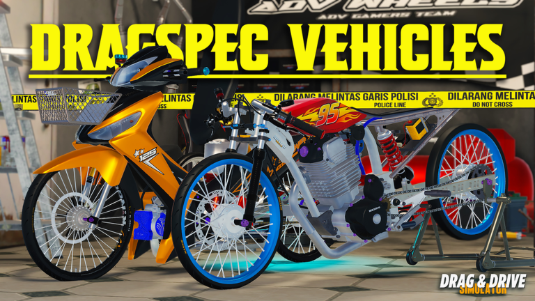 Gold scooter and a drag-race motorcycle from the Drag Drive Simulator Dragspec vehicle set