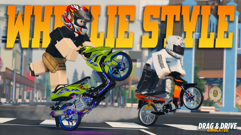 Two Drag Drive Simulator riders pulling wheelies on a neon-lit city street