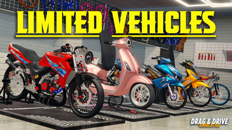 Lineup of limited Drag Drive Simulator motorcycles and scooters inside a garage