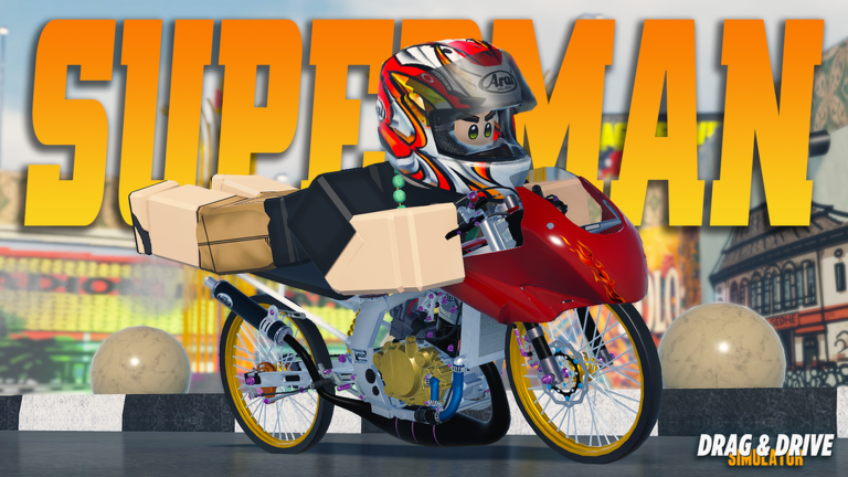 Rider holding a prone superman stunt pose on a Drag Drive Simulator motorcycle